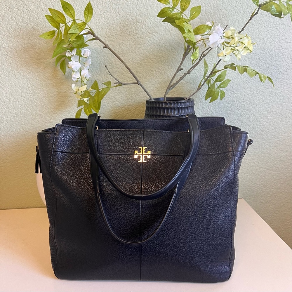 Tory Burch Black Pebbled Leather Ivey Zip Side Tote